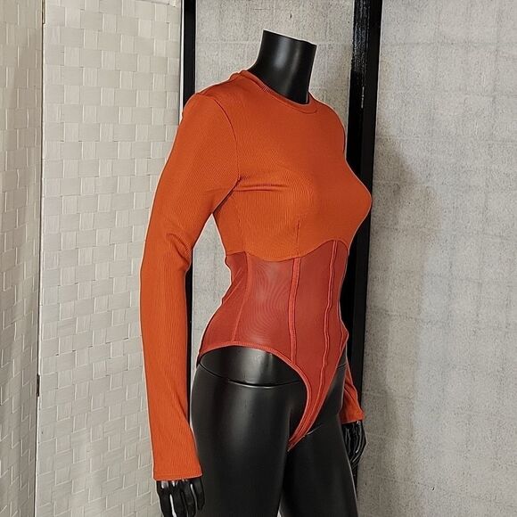 BRAND NEW LONG SLEEVES MESH INSERT HIGH NECK SOLID SHEER THONG SNAP BODYSUIT - Picture 6 of 16